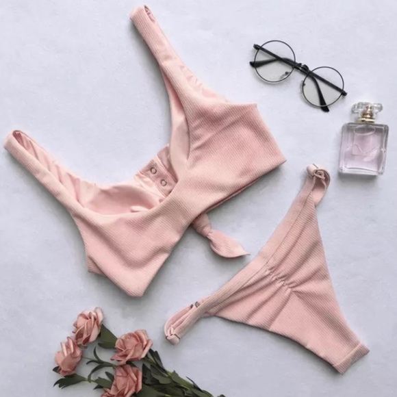 1129 pink ribbed knot cheeky swimsuits - Picture 3 of 4